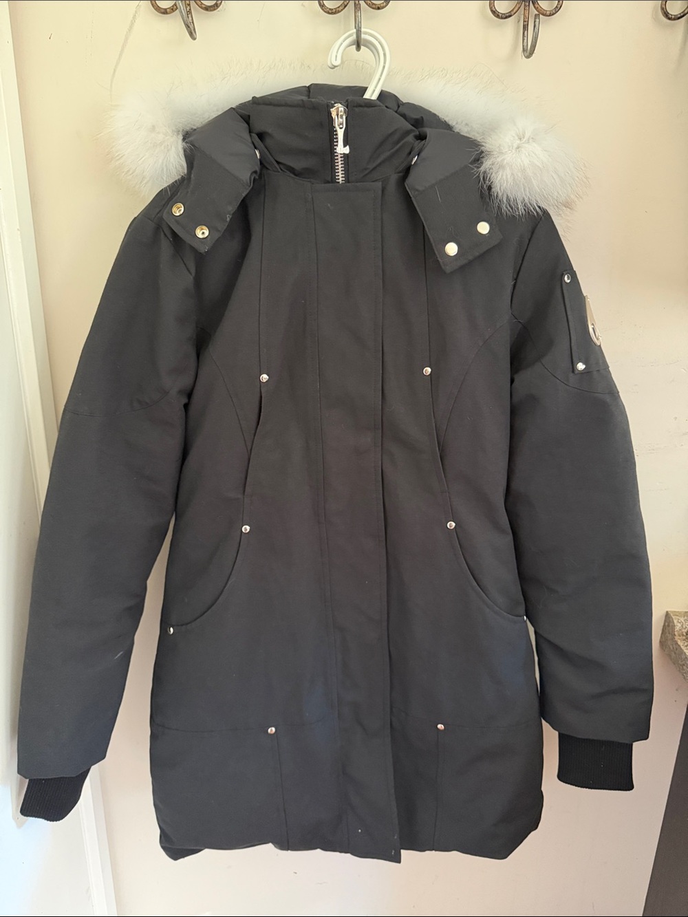 Moose Knuckles Black Parka with Light Fur-Trim Hood